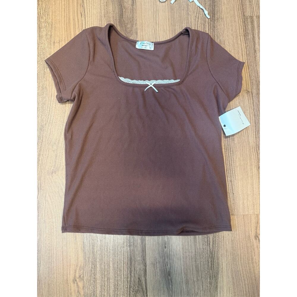 Electric Behavior Brown Ribbed Knit Lace Trim Scoop Neck Short Sleeve Top XL